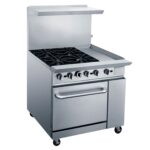 MIGSA Estufa Comercial A Gas De 4 Quemadores Con Plancha Y Horno Con Respaldo MIGSA DCR36-4QH