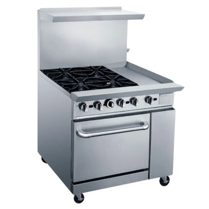 MIGSA Estufa Comercial A Gas De 4 Quemadores Con Plancha Y Horno Con Respaldo MIGSA DCR36-4QH