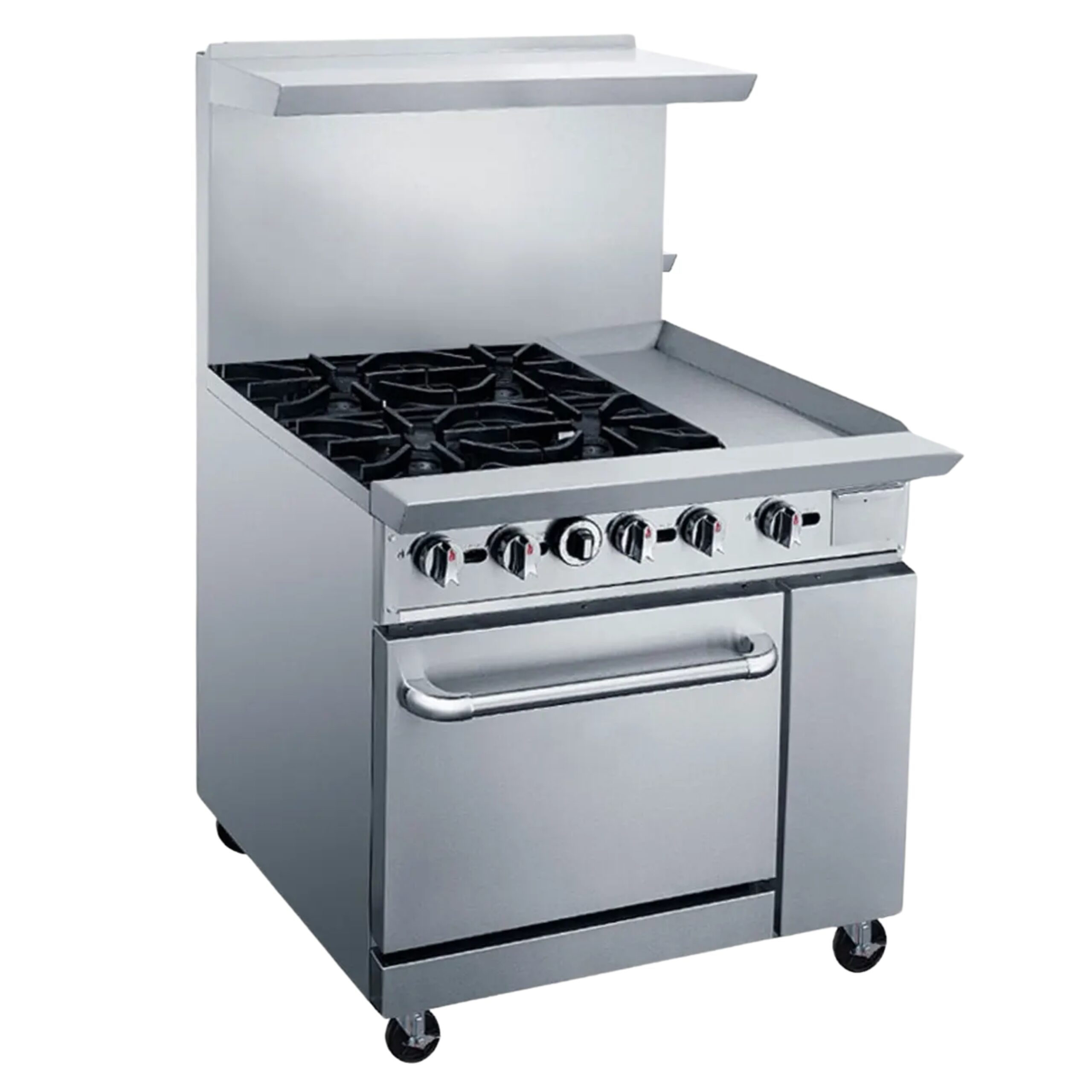 MIGSA Estufa Comercial A Gas De 4 Quemadores Con Plancha Y Horno Con Respaldo MIGSA DCR36-4QH MIGSA Estufa Comercial A Gas De 4 Quemadores Con Plancha Y Horno Con Respaldo MIGSA DCR36-4QH