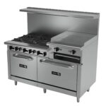 ASBER AEMR-2-RG24-B6-60-H Estufa a Gas de 6 Fuegos Abiertos + Plancha de 24″ Elevada + Gratinador + 2 Hornos de 24″ y 36″ ASBER